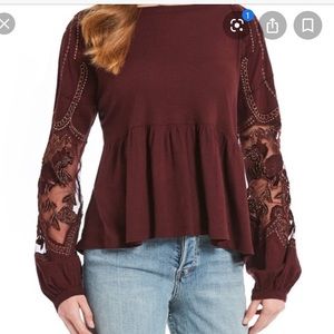 Free People maroon and gold Embroidered Penny Top